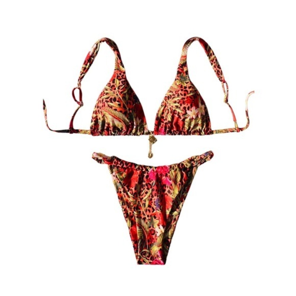 RoseSeek Red Tropical Floral Leopard Print Triangle Bikini Set Starfish Charm‎ L